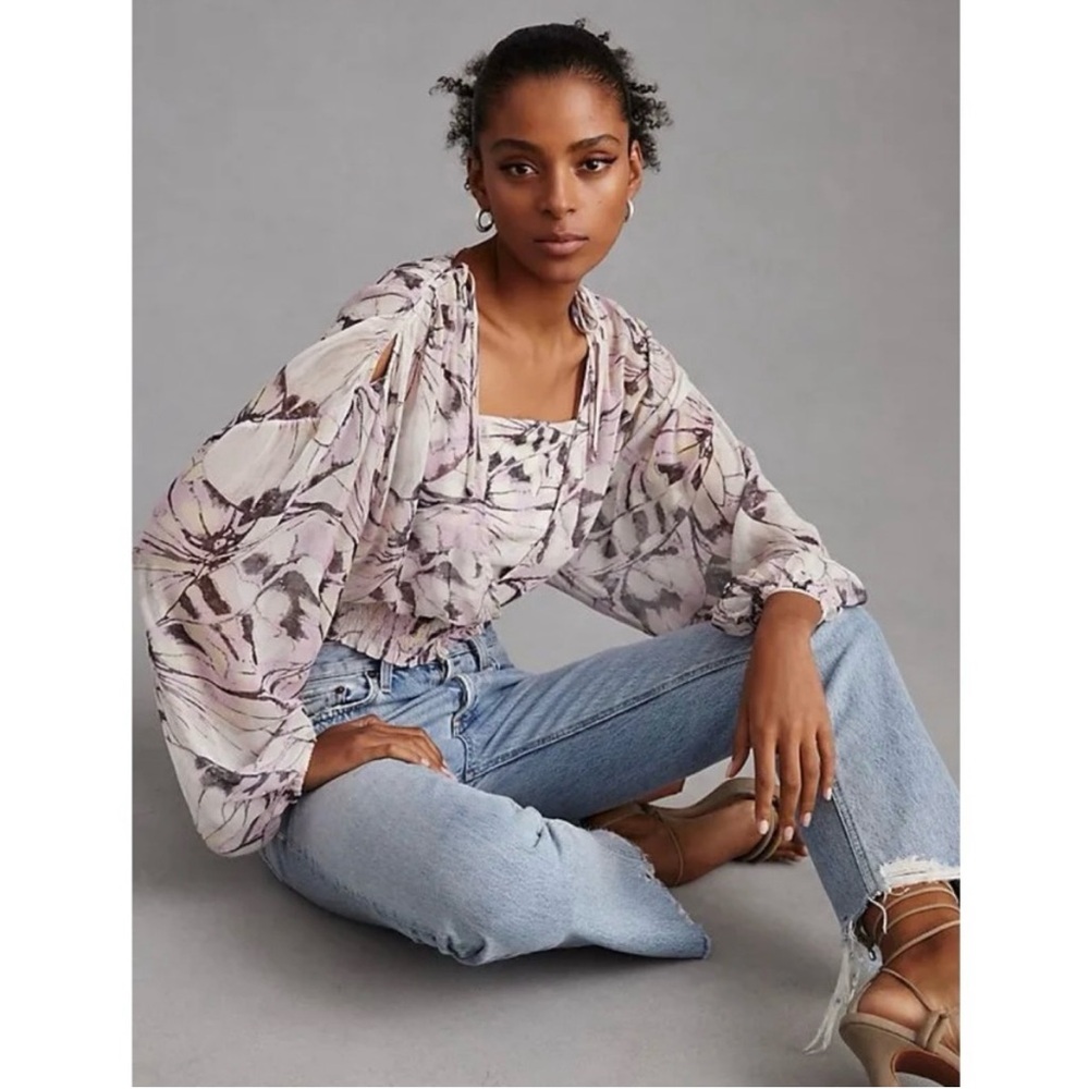 Anthropologie Sheer Peasant Purple Floral Long-Sleeved Top